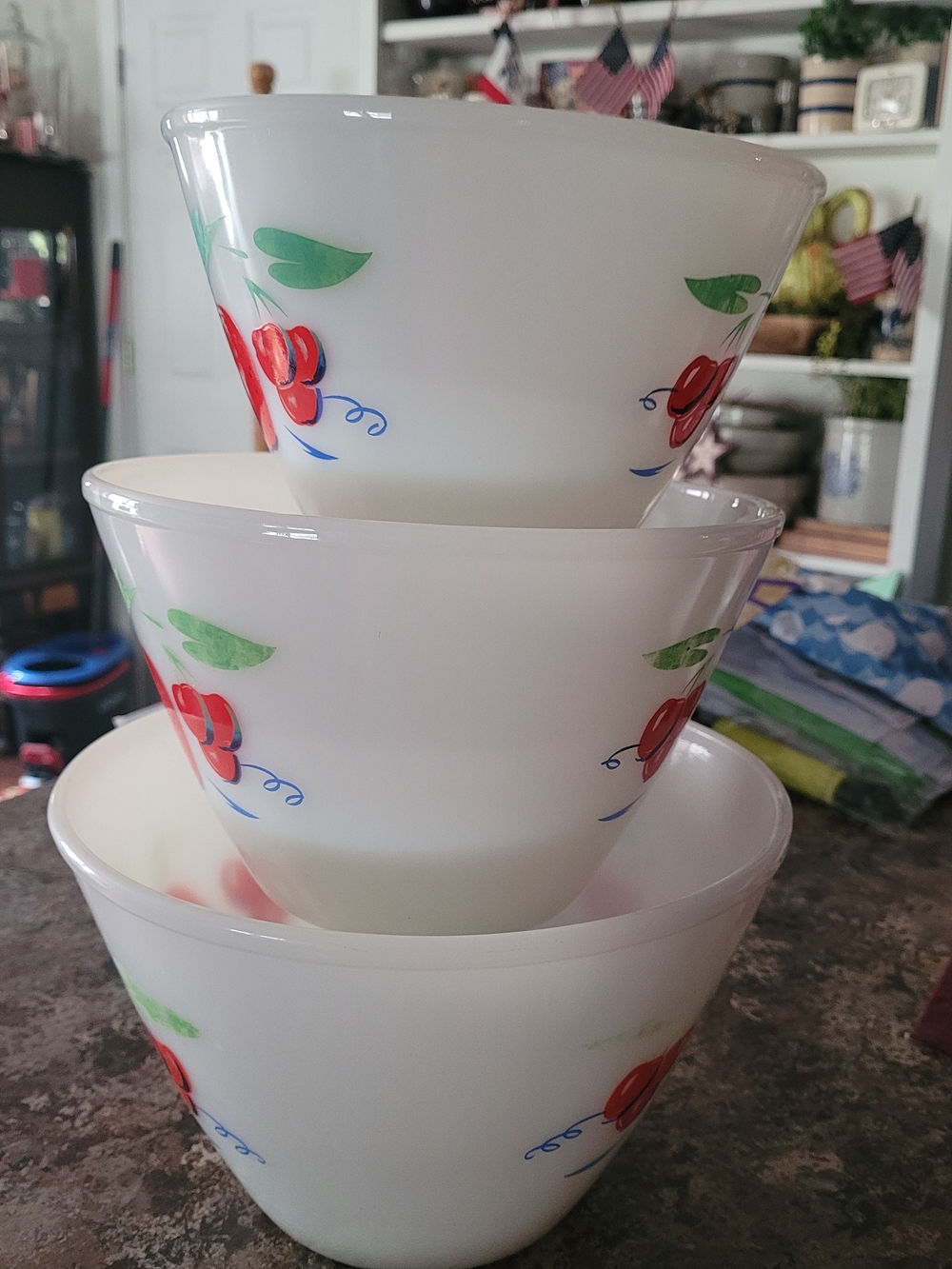 vintage Fire-King "Apples and Cherries" Milk Glass mixing bowls. Set Of 3. - Picture 2 of 16